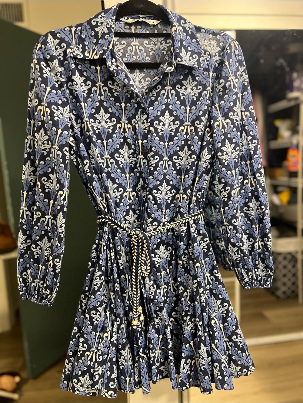 Zara Navy and White Patterned Mini Dress with Braided Waist Tie